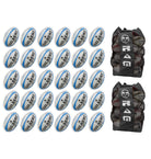 Thirty Gilbert G-TR4000 trainer size 5 rugby balls stacked beside two large breathable black ball bags for team use