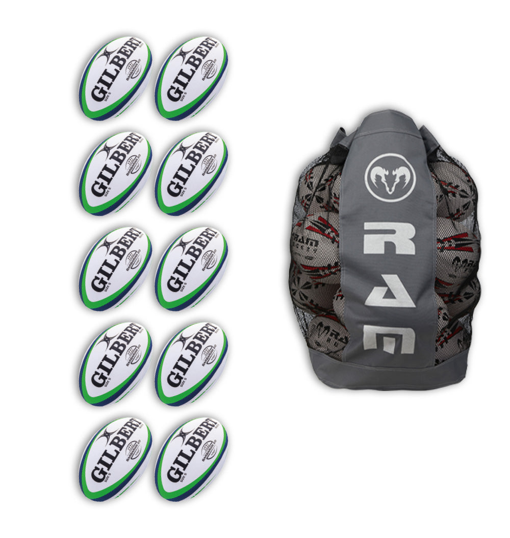 Gilbert Barbarian 2.0 Rugby Ball Bundle 10 Pack with breathable bag, featuring size 5 match balls for training and games