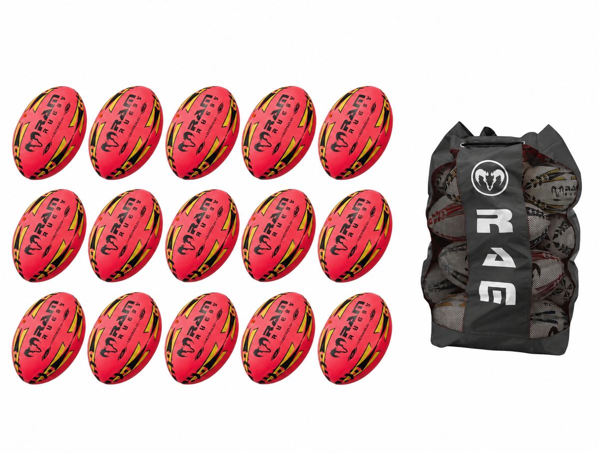 Ram Rugby Gripper 2.0 Pro Trainer Neon Pink Ball Bundle 15 Bälle 1 Tasche