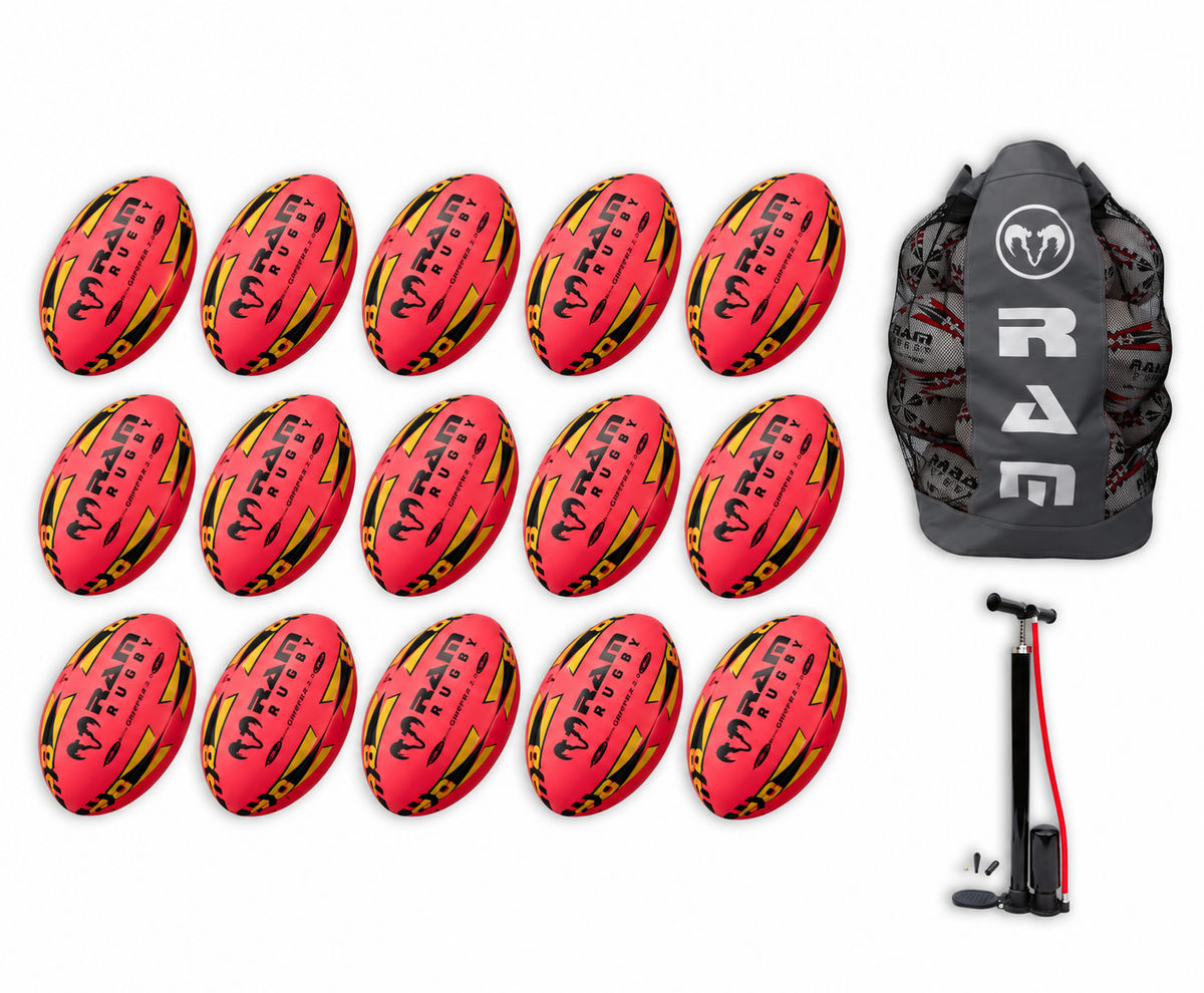Ram Rugby Gripper 2.0 Pro Trainer Neon Pink Ball Bundle 15 Bälle 1 Tasche