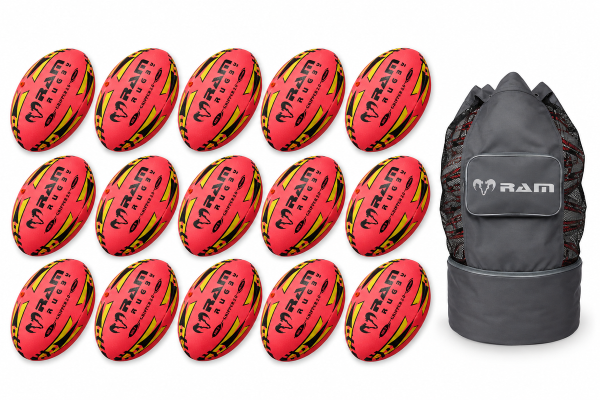 Ram Rugby Gripper 2.0 Pro Trainer Neon Pink Ball Bundle 15 Bälle 1 Tasche