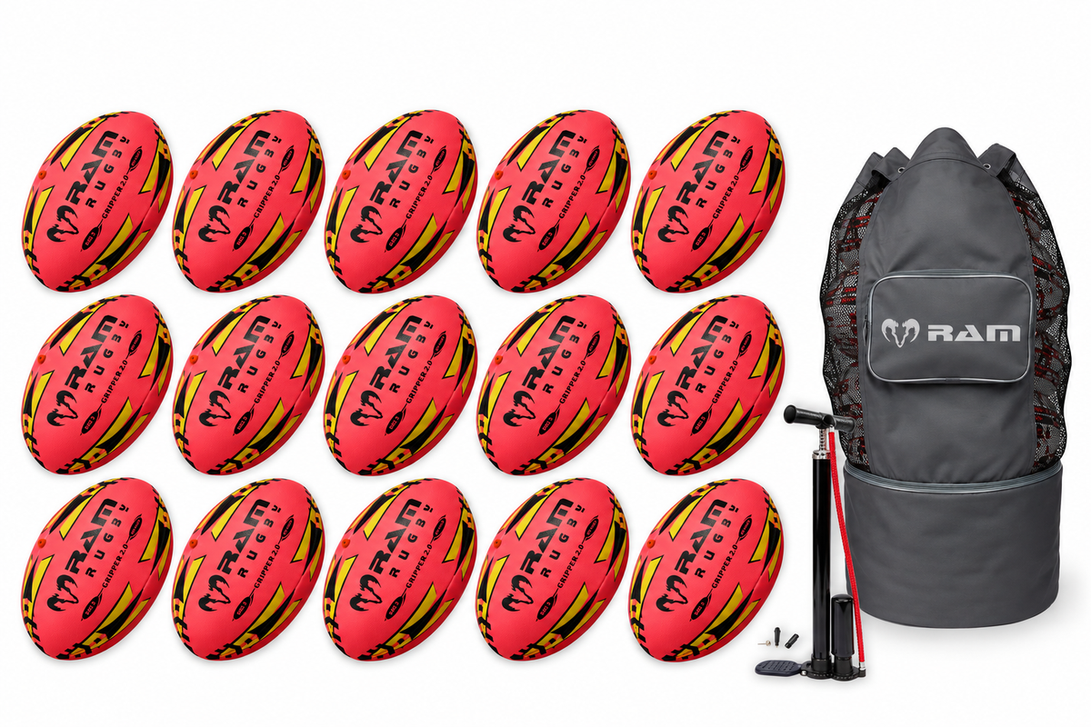 Ram Rugby Gripper 2.0 Pro Trainer Neon Pink Ball Bundle 15 Bälle 1 Tasche