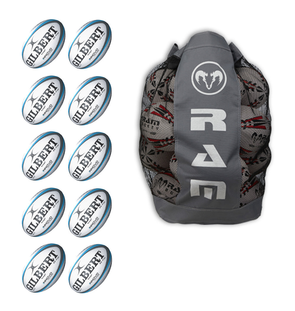 Ten Gilbert Innovo size 5 rugby match balls stacked with a black breathable storage bag designed for easy transport and ventilation