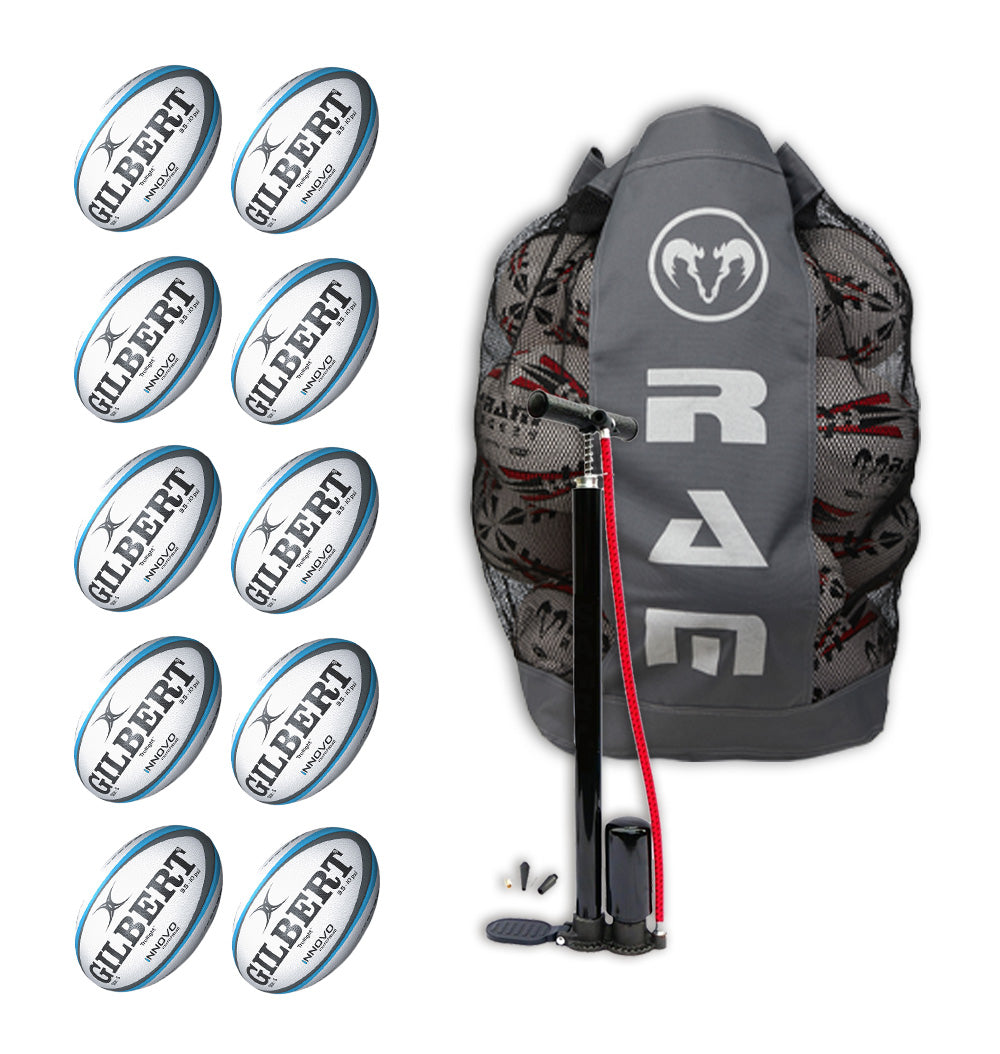 Gilbert Innovo Rugby 10 Pack Bundle with white and black size 5 match balls and breathable storage bag for training
