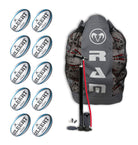 Gilbert Innovo Rugby 10 Pack Bundle with white and black size 5 match balls and breathable storage bag for training