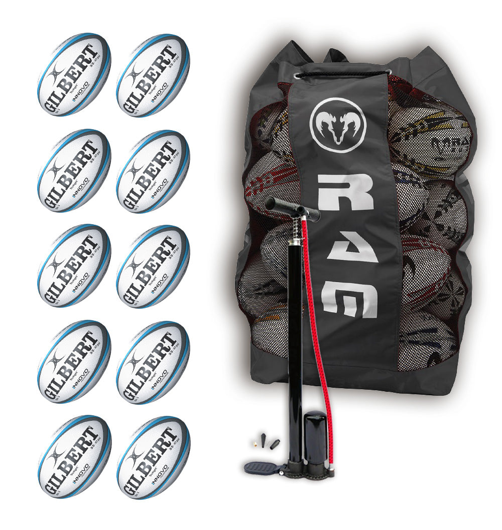 Set of 10 Gilbert Innovo size 5 rugby match balls with a black breathable storage bag for training and competitive play.