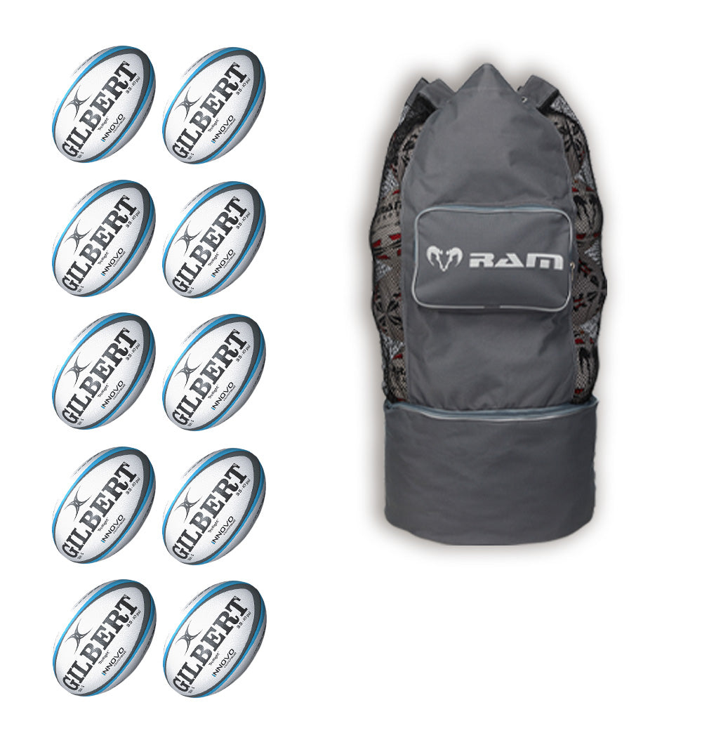 Ten Gilbert Innovo size 5 rugby match balls stacked inside a breathable storage bag for high performance team training.