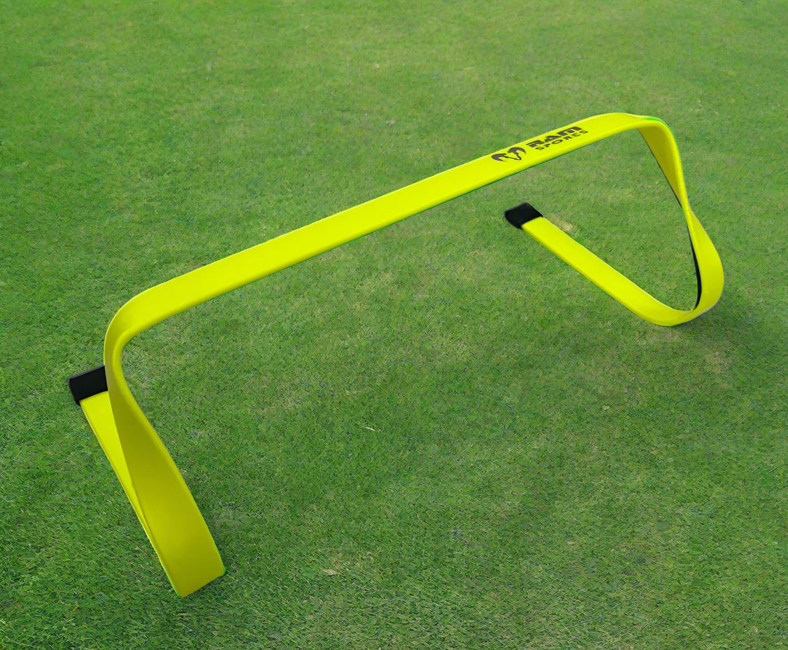 Set of 6 Ram Rugby flat training hurdles in yellow for agility and speed drills in rugby and football fitness sessions