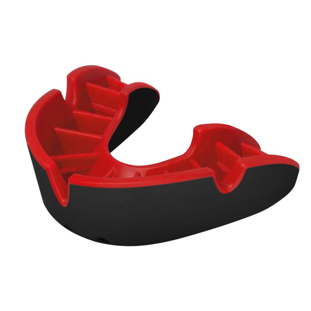 Opro Silver Rugby mouthguard close-up showing durable outer layer and flexible inner layer with anatomical fins design