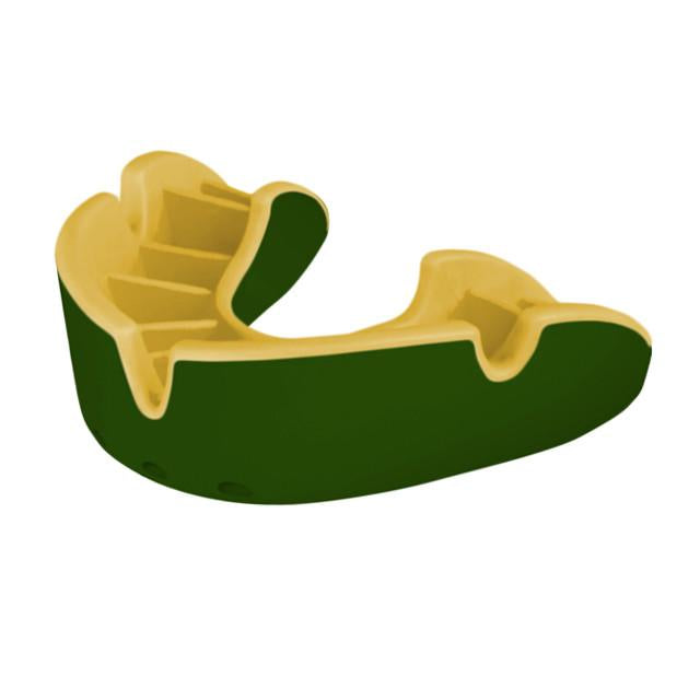 Opro Silver rugby mouthguard displayed with ergonomic fins and durable layers, designed for secure, comfortable sports protection