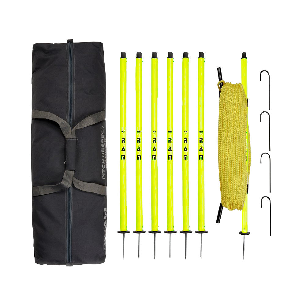 Ram Rugby Portable Pitch Respect Barriers featuring 7 poles with metal spikes and durable 60m rope for spectator safety.