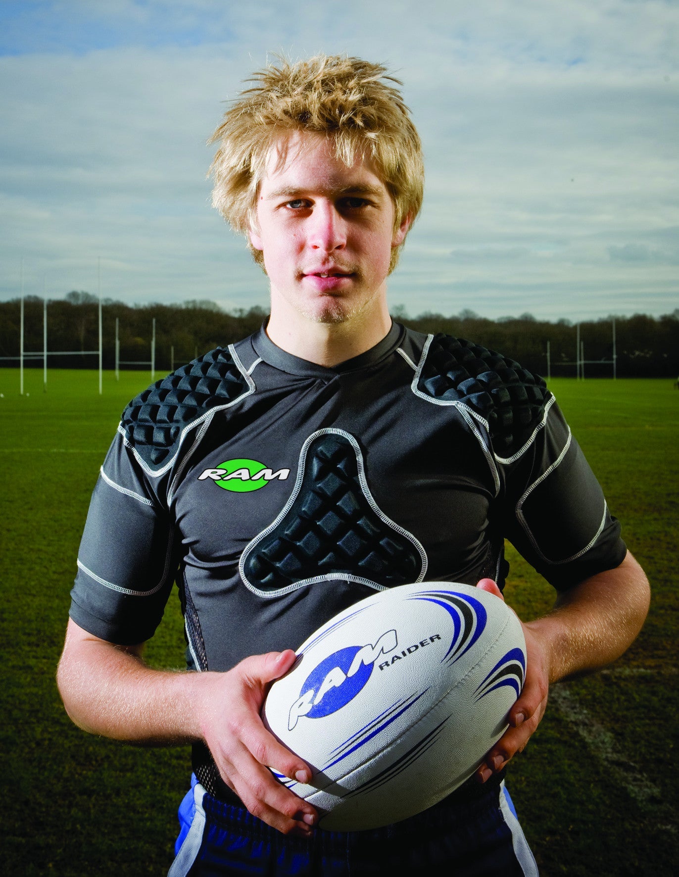 Ram Rugby Protec black shoulder pads with eight protective pads and mesh ventilation for rugby impact protection