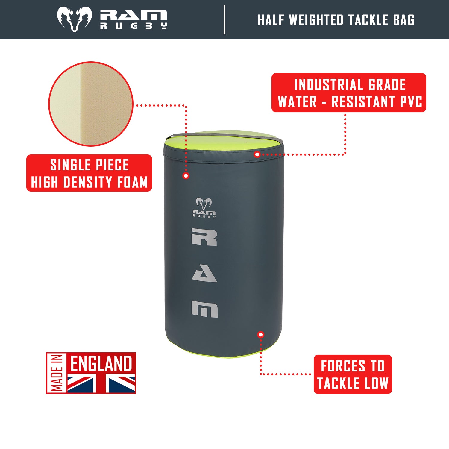 Ram Rugby weighted half tackle bag in red vinyl for rugby training, designed for tackling drills and technique practice