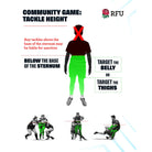 Ram Rugby Target Tackle Bags in blue and red, designed for safe rugby training with labeled tackle zones for technique practice