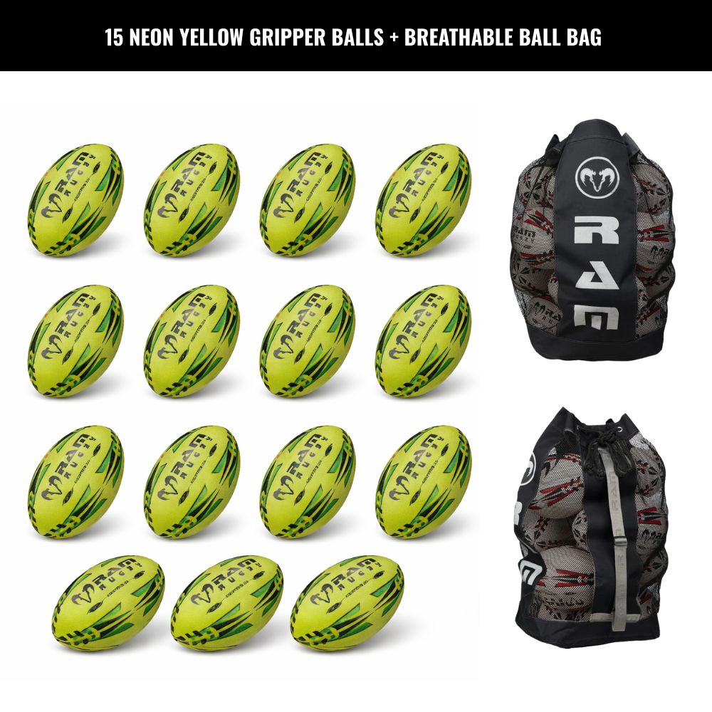 Ram Rugby Gripper 2.0 Pro Trainer Neon Ball Bundle 15 Bälle mit 1 Tasche