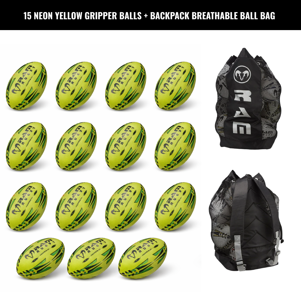 Ram Rugby Gripper 2.0 Pro Trainer Neon Ball Bundle 15 Bälle mit 1 Tasche