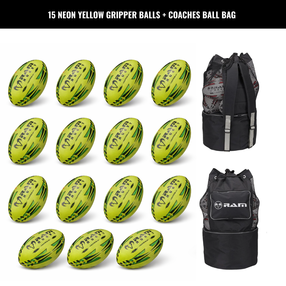 Ram Rugby Gripper 2.0 Pro Trainer Neon Ball Bundle 15 Bälle mit 1 Tasche