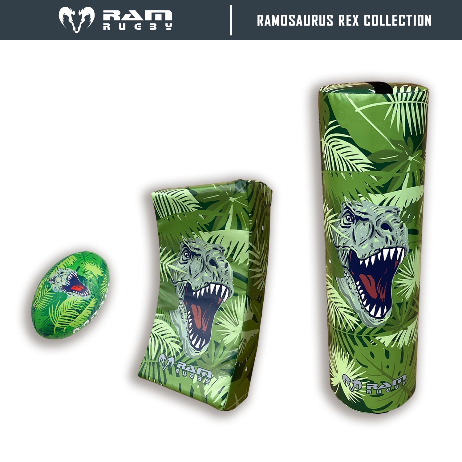 Ram Rugby 8kg kids tackle bag with colorful animal design, water-resistant PVC outer layer, and durable foam core