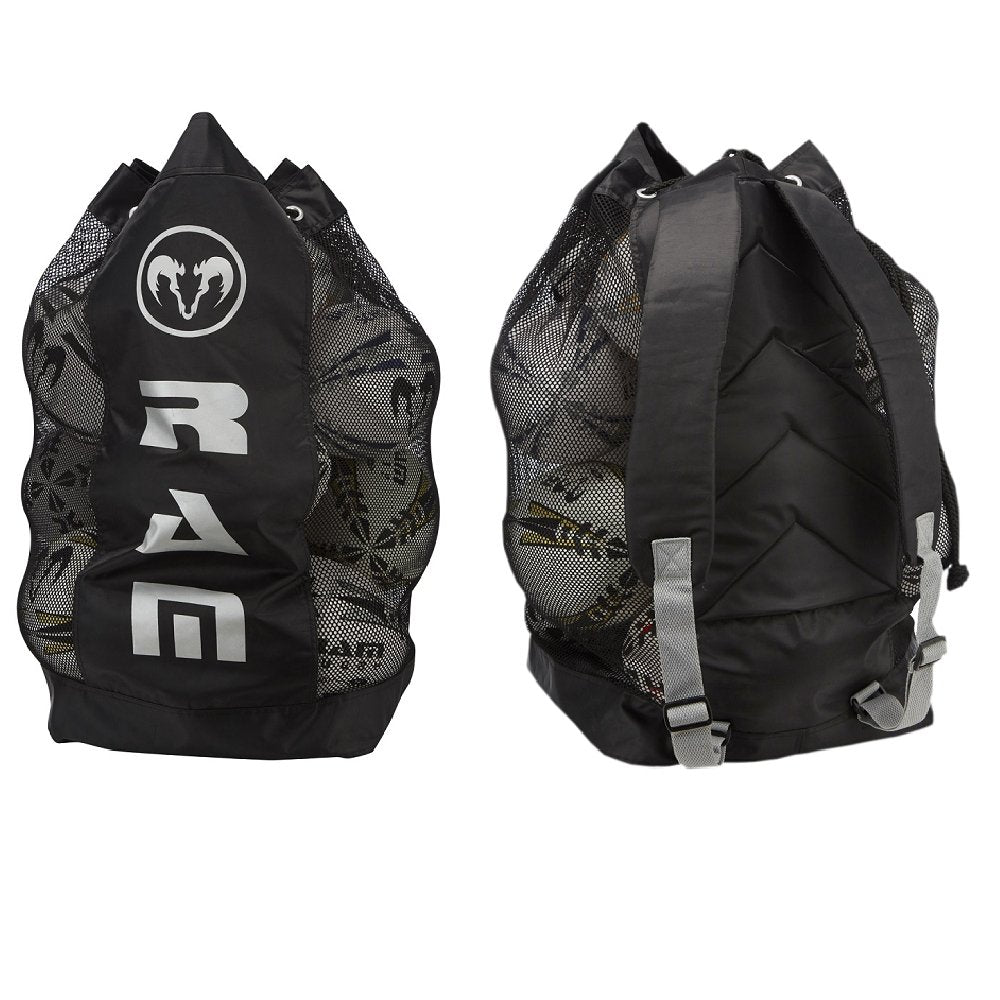 Ram Rugby breathable backpack ball bag with wide shoulder straps, mesh side panels, and drainage holes for ventilation and comfort