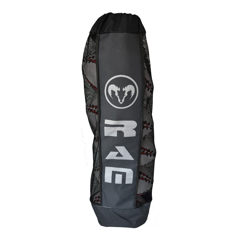 Ram Rugby breathable ball bag tube in black with mesh ventilation panels, drainage holes, and adjustable shoulder straps