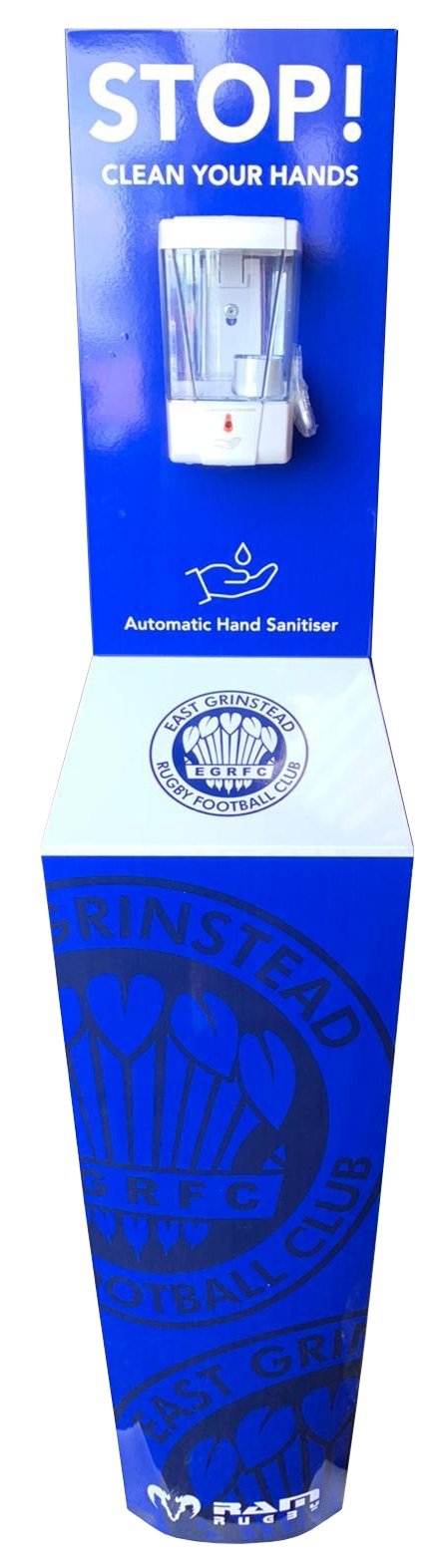 Ram Rugby Clenzi No-Touch Hand Sanitiser Station with 700ml automated dispenser, sturdy aluminium design, free-standing PPE safety
