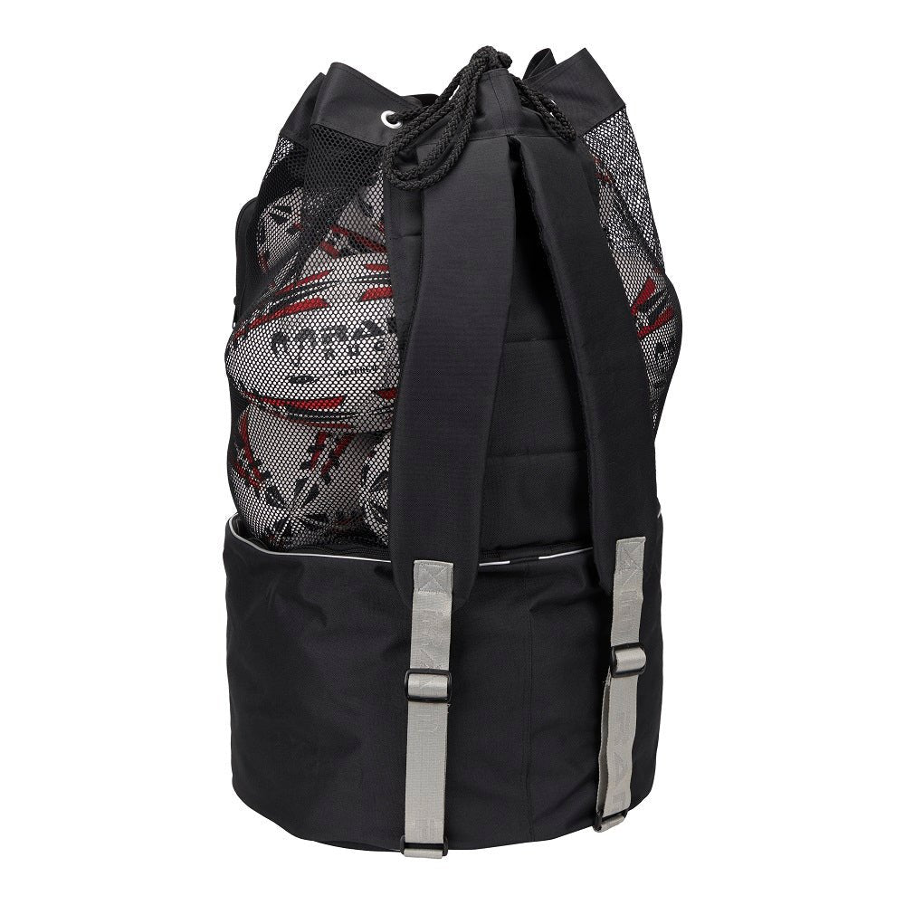 Ram Rugby Coaches breathable ball bag showing multi-compartment storage with mesh and vinyl sections for training gear.