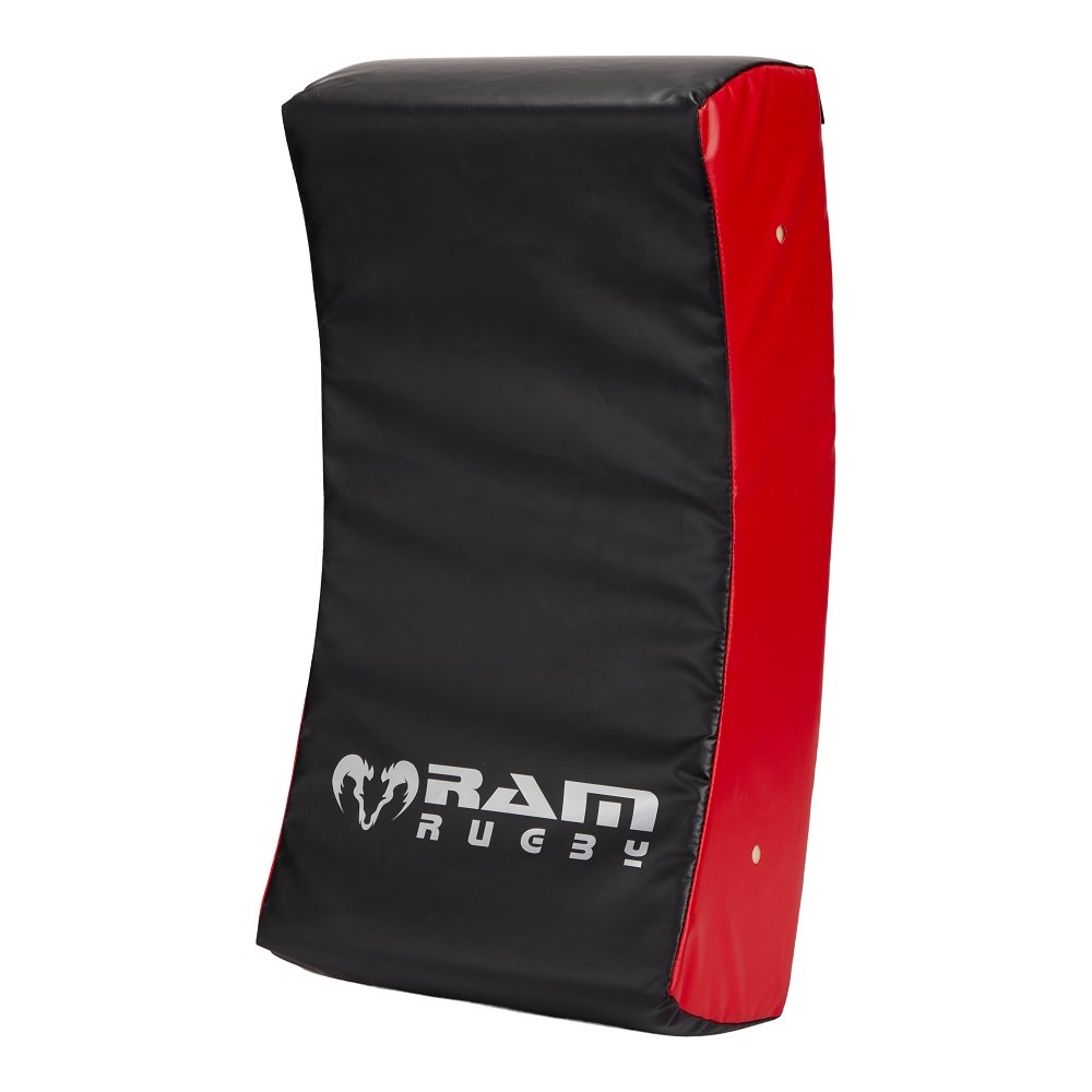 Ram Rugby Curve Hit Shield in black and orange, durable padded training equipment for rugby contact drills and skill development
