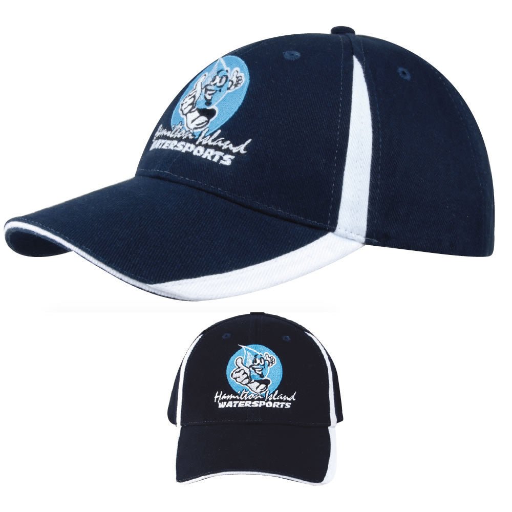 Ram Rugby custom baseball cap in black with red flash design, logo embroidery, brushed cotton, pre-curved peak, durable hat