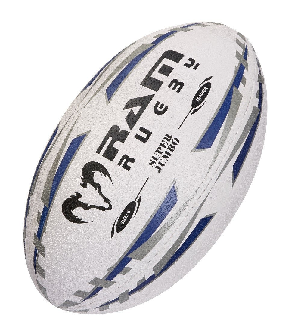 Ram Rugby Custom Giant Rugby Ball Super Jumbo 66cm in white with black and red accents, perfect for rugby events and promotions