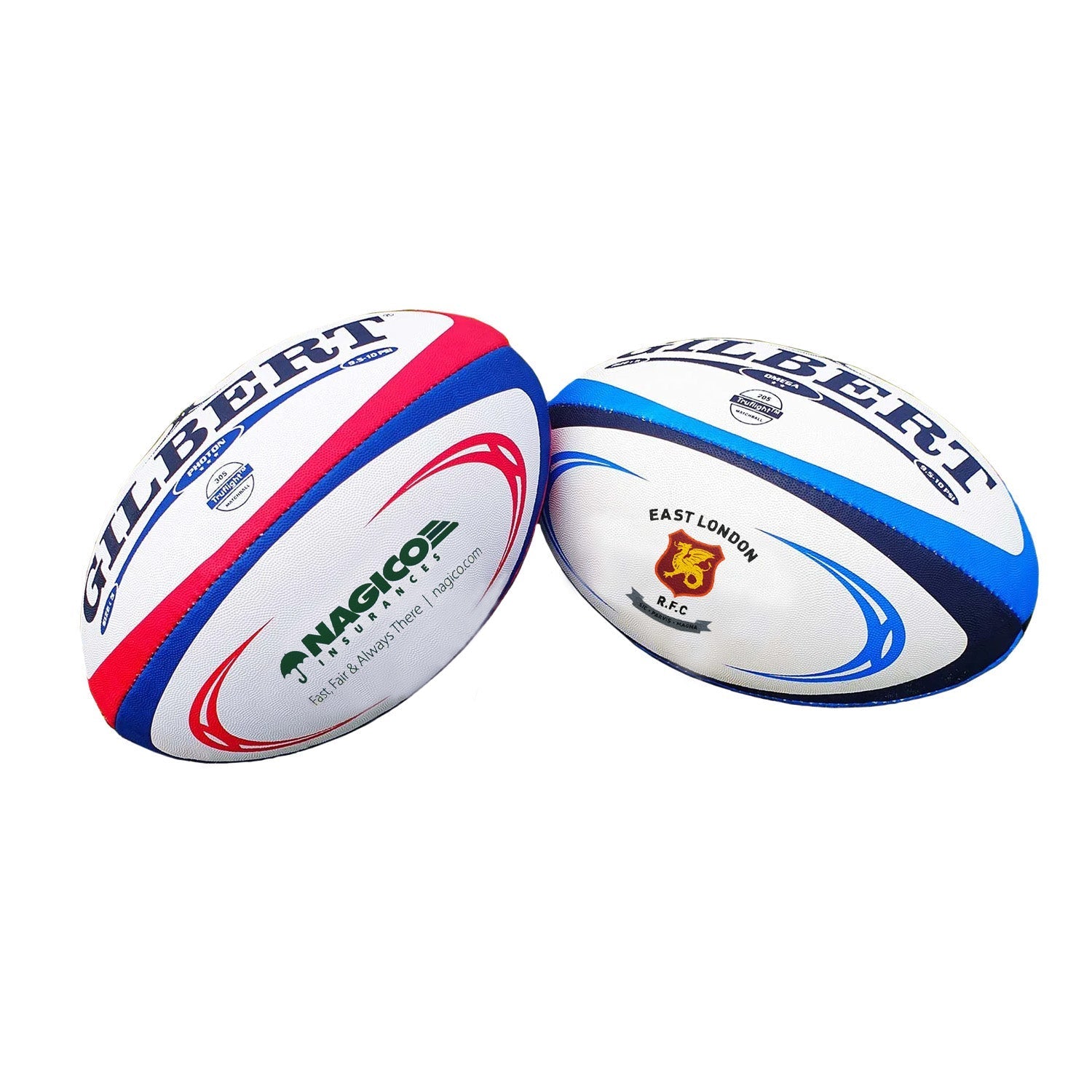 Close-up of Ram Rugby custom Gilbert rugby ball with printed logos, white and black design, ideal for clubs and schools.