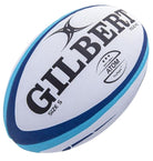 Custom Gilbert rugby balls by Ram Rugby featuring full-color printed logos on durable synthetic material, 20-week delivery.