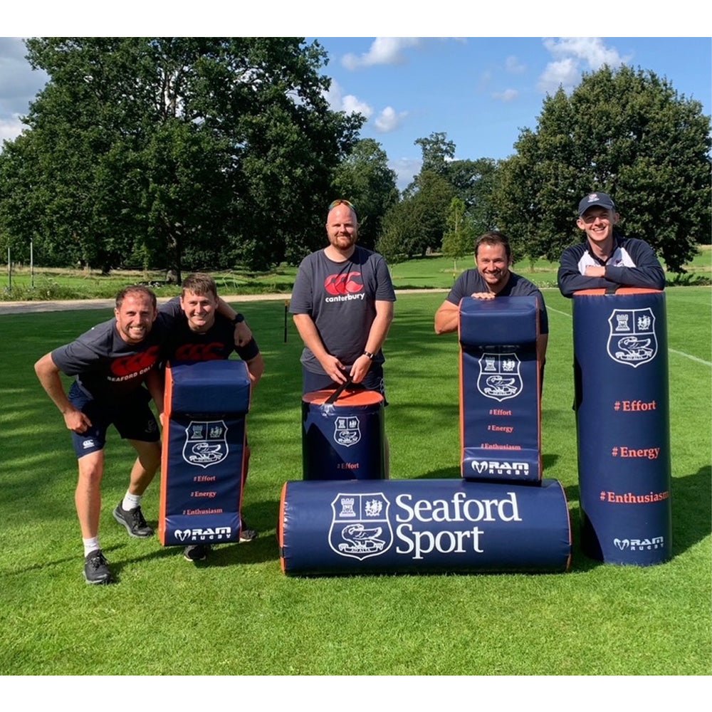 Ram Rugby custom hit shield in black and red with multiple logos, designed for rugby training and impact protection.