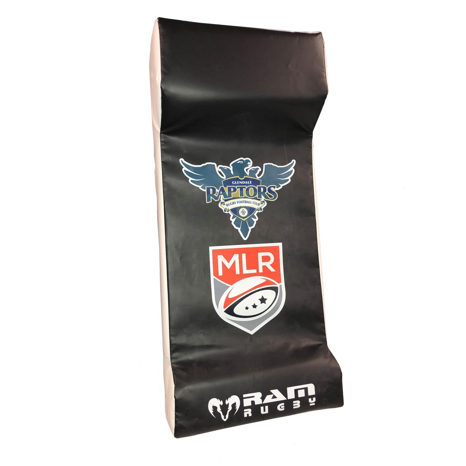 Ram Rugby custom blue and white hit shield with multiple logo designs for rugby training and contact drills, UK made