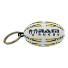 Ram Rugby custom printed rubber keyrings featuring club logos, designed as mini rugby balls with textured grip for promotions
