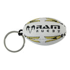 Ram Rugby custom printed rubber keyrings shaped like miniature rugby balls, personalized promotional gifts for events and giveaways