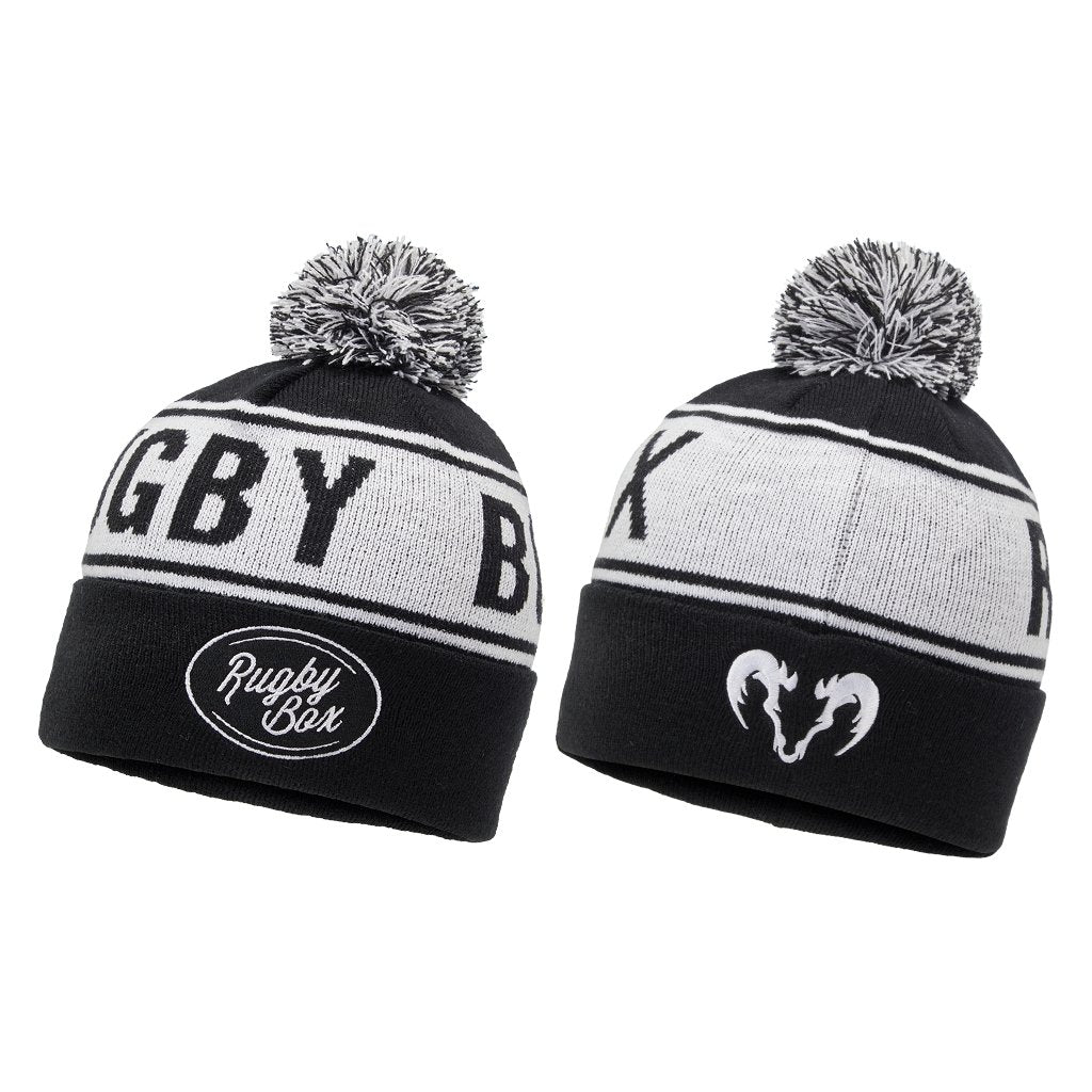 Ram Rugby custom knitted bobble hats in medium size, 100% acrylic, customizable logo, available in 255+ colors, quantity 30-49