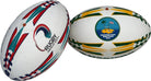 Close-up of Ram Rugby custom Victor Raider Touch match ball in white with printed logos, ideal for club and event branding