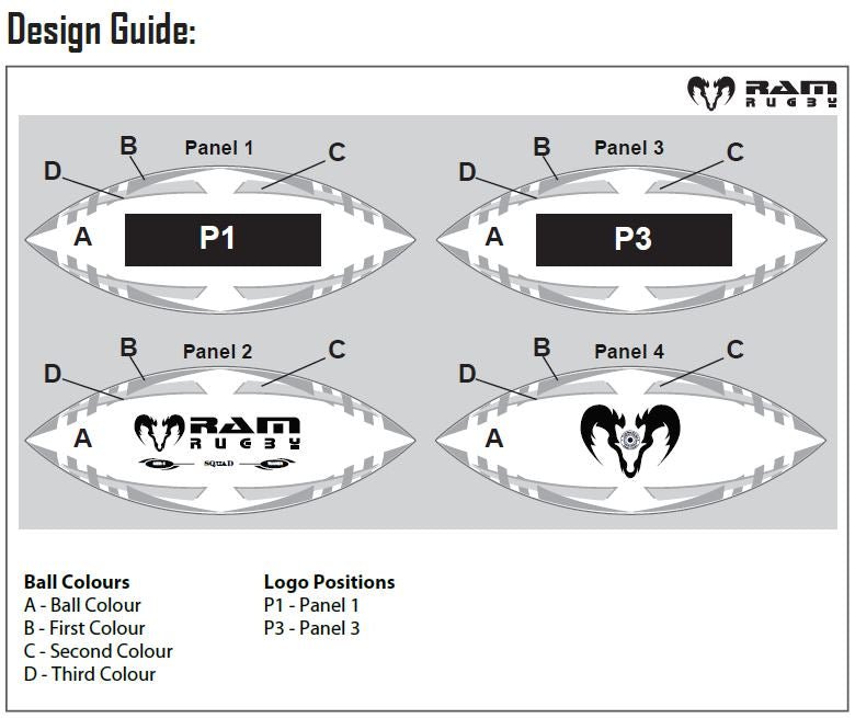 Ram Rugby custom Victor Raider Touch match ball with printed logos and sponsor branding in vibrant colors, 14-18 week delivery