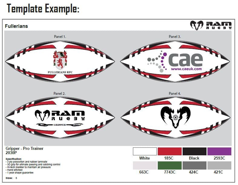 Custom printed Ram Rugby Victor Raider Touch match balls in white with red and black branding, 8-week delivery option.