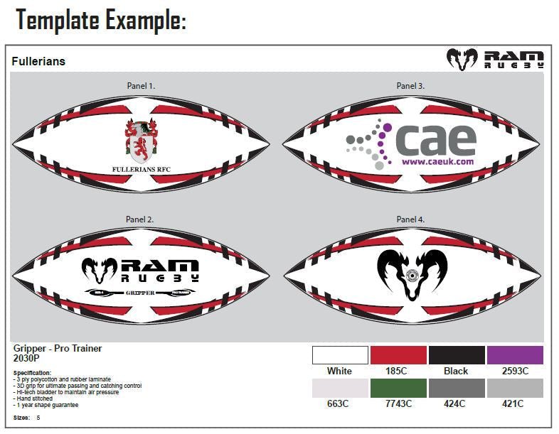 Ram Rugby custom micro rugby balls in white with printed logos, 2.5 size, designed for kids ages 4-6, 8 week delivery