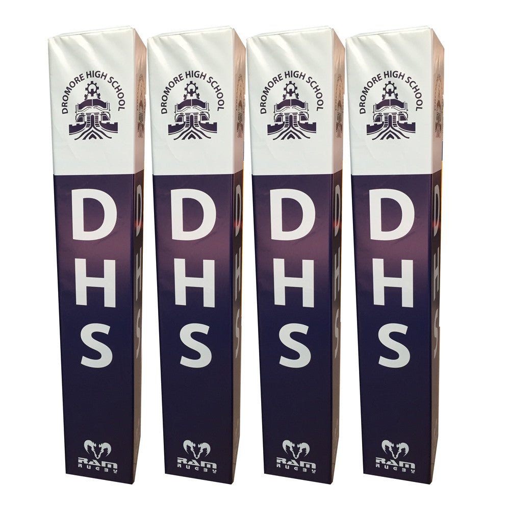 Set of four Ram Rugby custom digitally printed rugby post protectors in vibrant colors with 8cm thick padded covers for safety and branding.