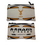 Ram Rugby Custom Rugby Ball Pencil Case in black rubber with textured grip and cotton lining, 22cm length, durable design