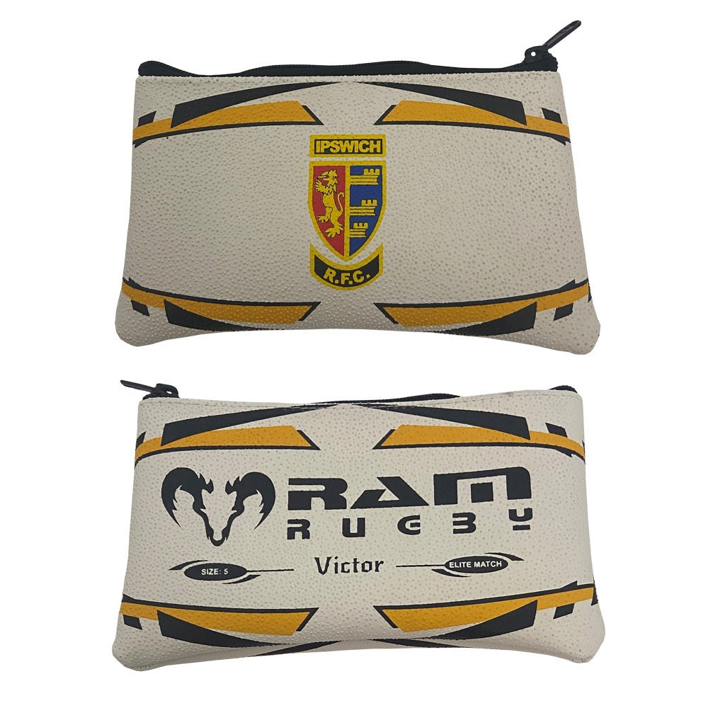 Ram Rugby custom rugby ball pencil case in brown rubber with embossed grip texture and personalized logo on side