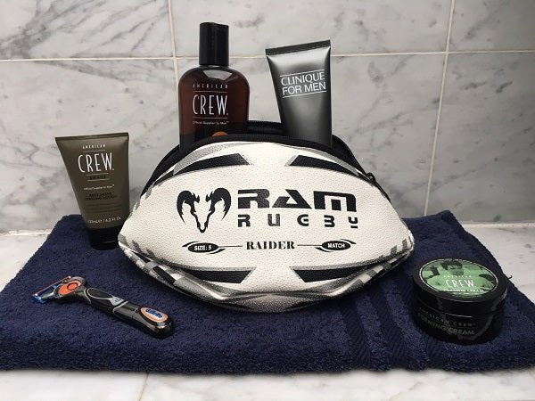 Ram Rugby custom waterproof rugby ball wash bag in vintage leather with cotton lining, durable and ideal for sports gifts