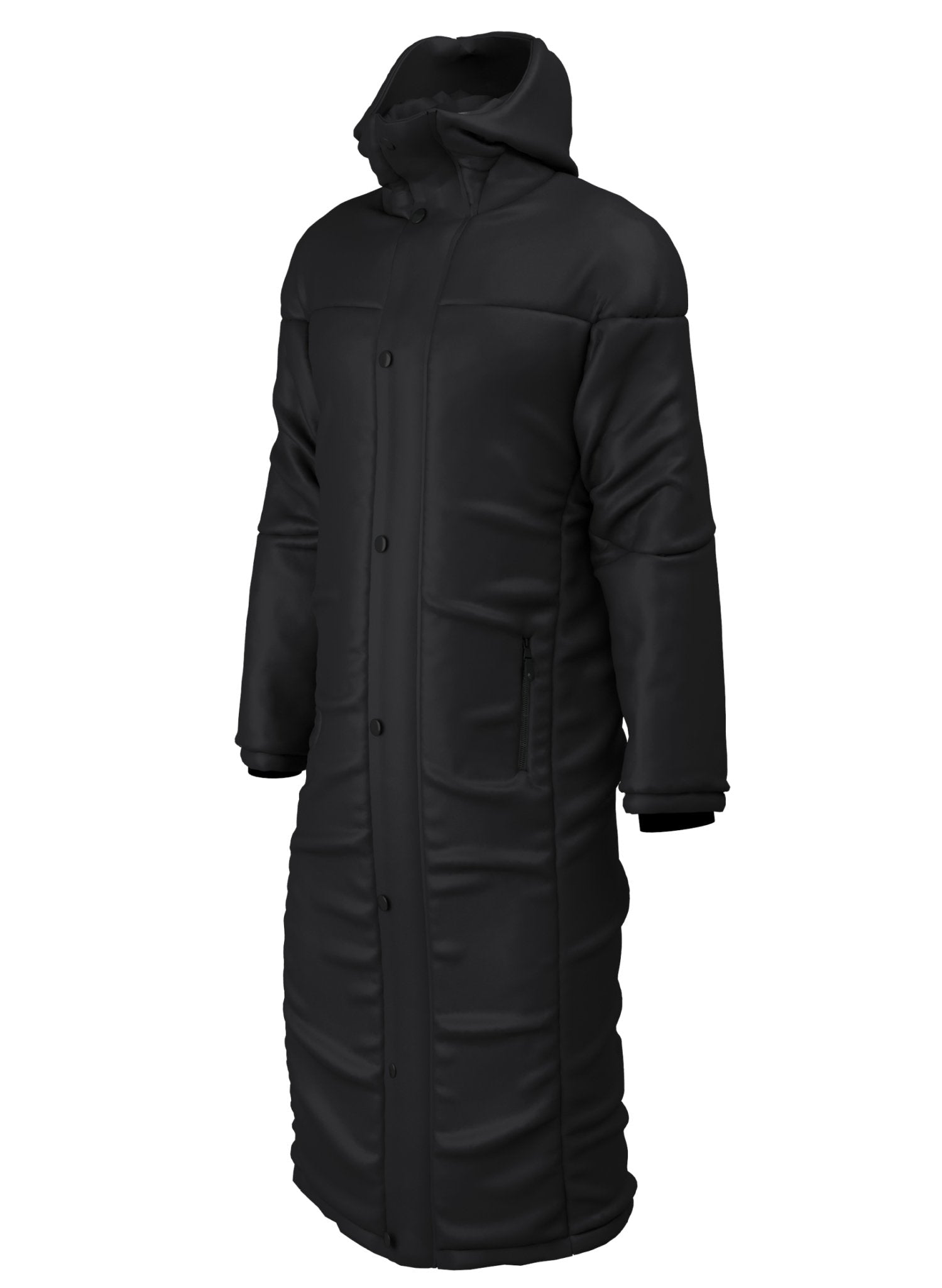 Ram Rugby Custom Stock Bench Coat in black, waterproof thermal dry robe with zipped pockets and heavy-duty two-way zip