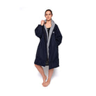 Ram Rugby Weatherproof Dry Robe in navy blue, fleece-lined with heavy-duty fabric, shown fully zipped and hooded outdoors