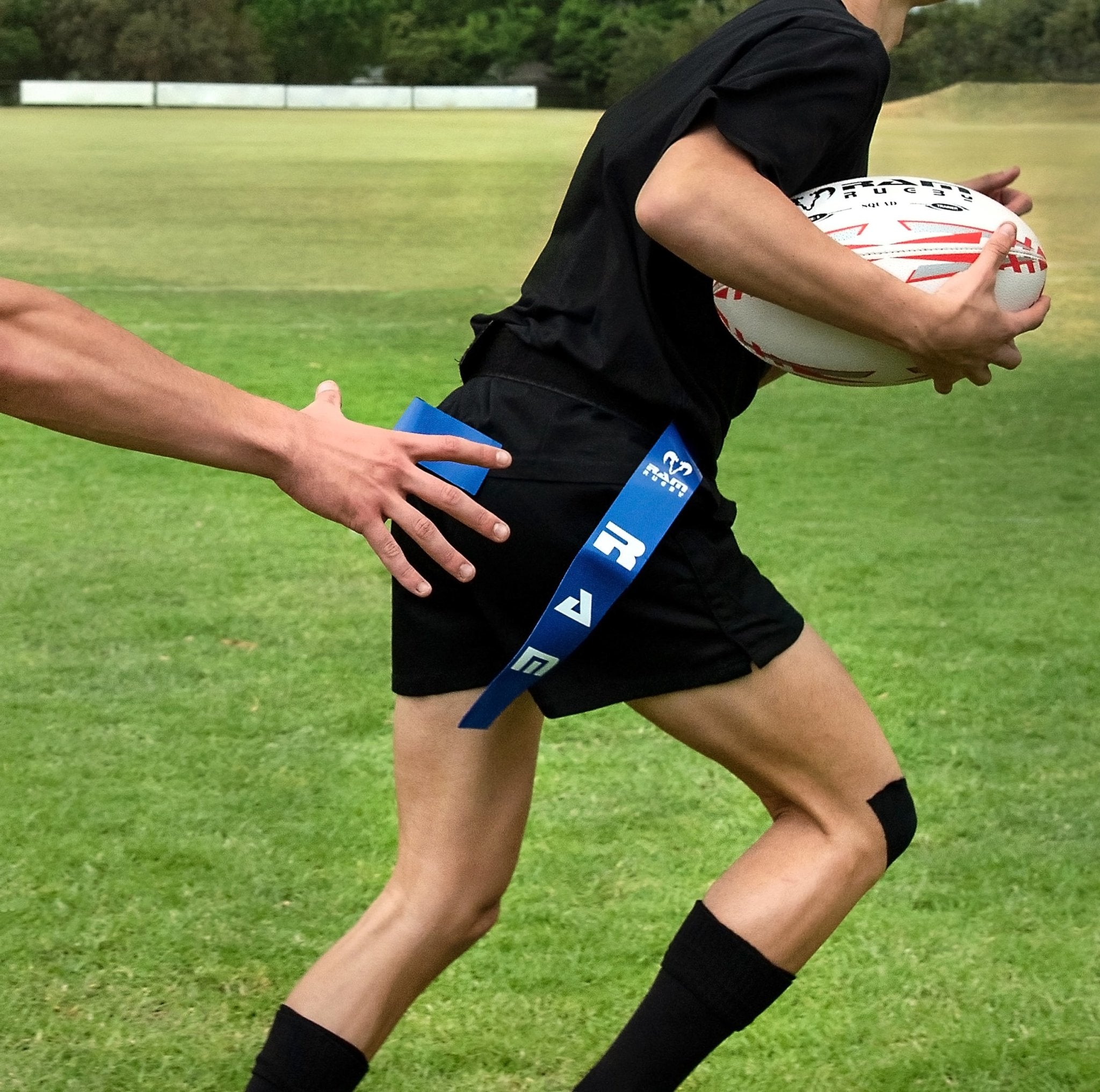 Ram Rugby Custom PVC Tag Rugby Belt Set displaying vibrant red and blue belts with logo print for club customization