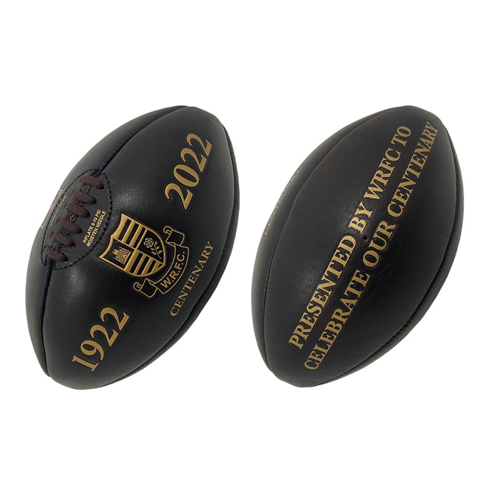 Ram Rugby Custom Vintage Leather Heritage Rugby Ball Size 5, close-up showing embossed logo on classic brown leather surface