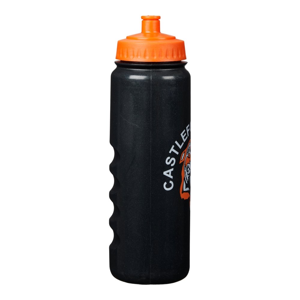 Set of Ram Rugby custom water bottles in ergonomic design with push-pull lids, personalized for training gear, 50-99 qty.
