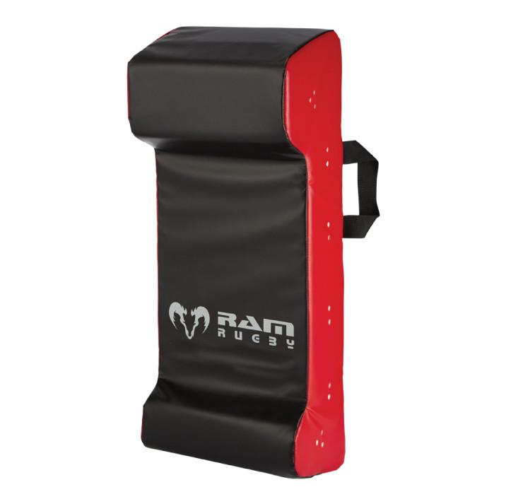 Ram Rugby Double Wedge Hit Shield in black and red, durable PVC with high-density foam for tackle practice impact absorption
